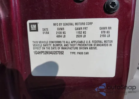 2004 Buick Lesabre Custom from USA, damaged, VIN 1G4HP52K64U207092